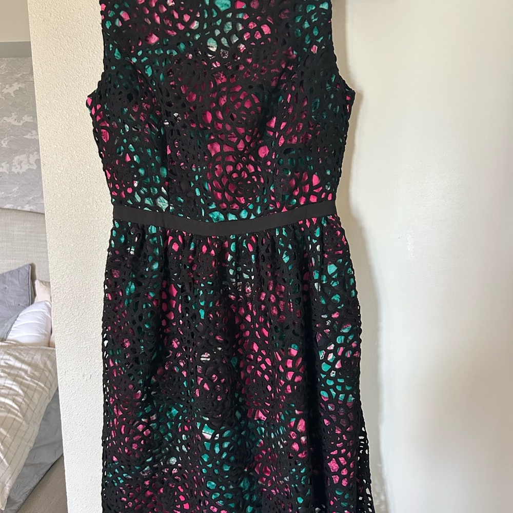 Wolven (Anthropologie) Black Dress with Pink and Green Accents